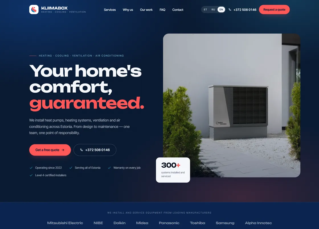 Kliimabox website homepage: a deep blue hero reading 'Your home's comfort, guaranteed' beside a photograph of an installed heat pump.