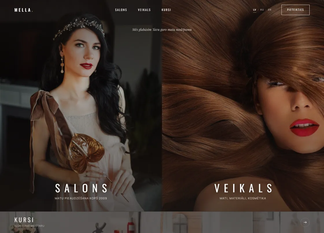 Mella.lv website homepage: a split-screen of dark portrait photography labelled 'Salons' and 'Veikals'.