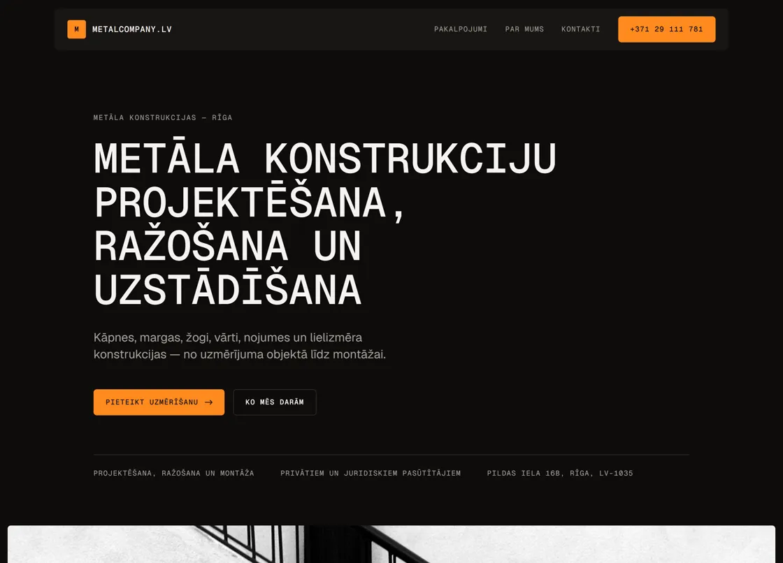 Metalcompany.lv website homepage: a black page with a large condensed headline and an orange call-to-action button.