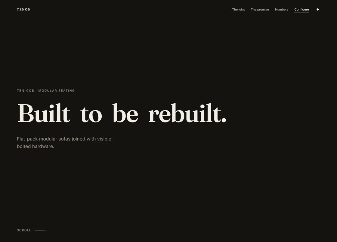 Tenon website homepage: a near-black page with a large serif headline reading 'Built to be rebuilt.'